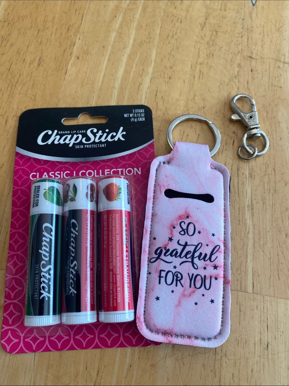 Classic Collection Lip Balm 3-Pack w Pink Keychain Holder & bag charm converter